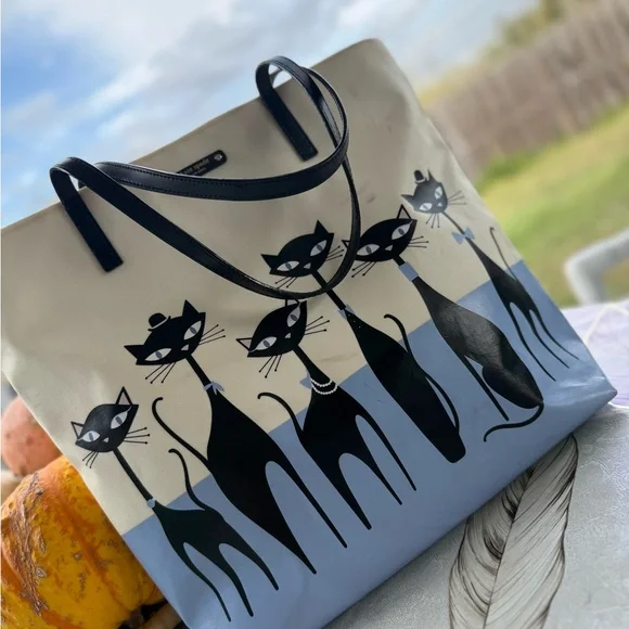 Kate Spade New York ♠️ Large Jazz Things Up Cool Black Cat Tote Purse Bag . - Picture 3 of 15